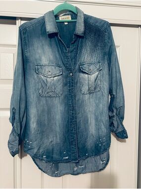 cloth & stone Distressed Denim Button-Down Shirt Jacket - Blue